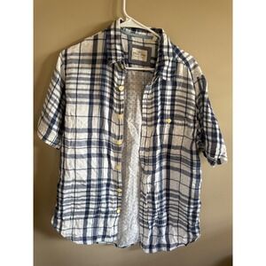 True Grit Mens Medium Plaid Shirt Button Down Short Sleeve Blue White Casual